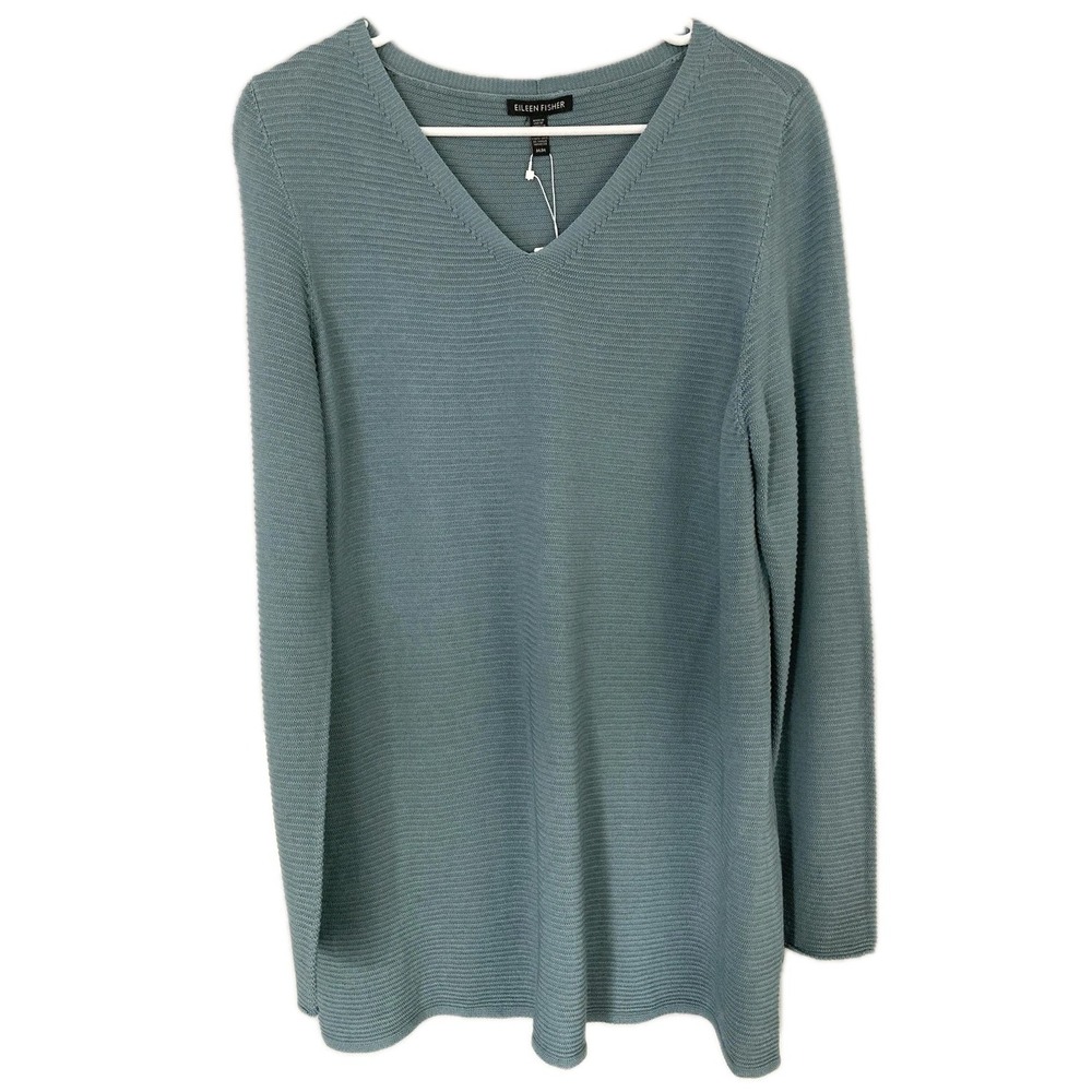 Eileen Fisher Sweater Tunic Women M Blue V Neck Sleek Tencel Texture Knit NWT